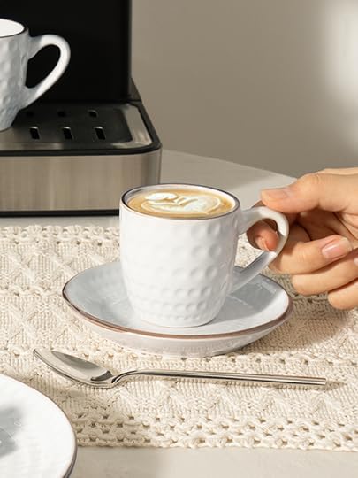 famiware Espresso Cups and Saucers Set of 4, 3 oz Ceramic Small Coffee Mug with Handle, Embossed Stoneware Demitasse Cup for Tea, Latte - Microwave & Dishwasher Safe - White Circle