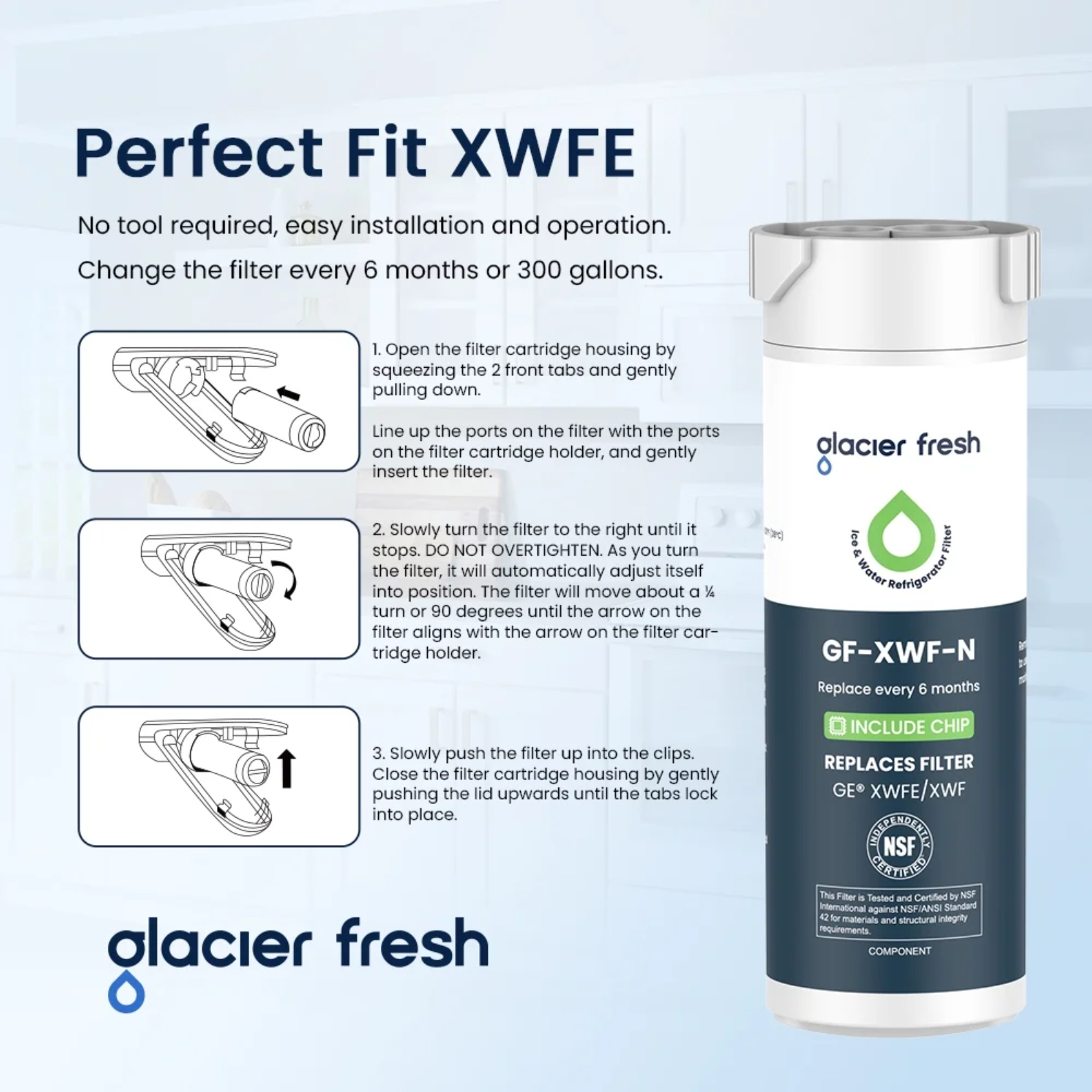 GLACIER FRESH Water Filter Compatible with XWFE (Built-in CHIP), Replacement for GE XWFE, XWF Refrigerator Water Filter NSF/ANSI 42 Certification Choose Pack Size
