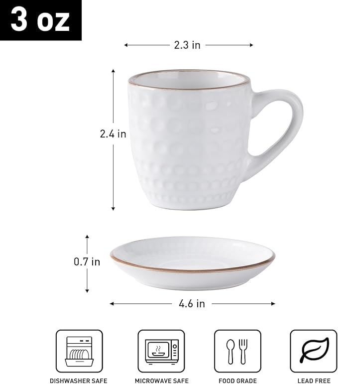 famiware Espresso Cups and Saucers Set of 4, 3 oz Ceramic Small Coffee Mug with Handle, Embossed Stoneware Demitasse Cup for Tea, Latte - Microwave & Dishwasher Safe - White Circle