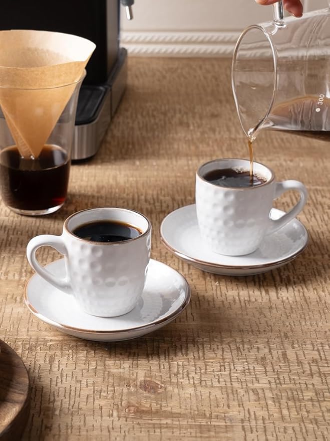 famiware Espresso Cups and Saucers Set of 4, 3 oz Ceramic Small Coffee Mug with Handle, Embossed Stoneware Demitasse Cup for Tea, Latte - Microwave & Dishwasher Safe - White Circle