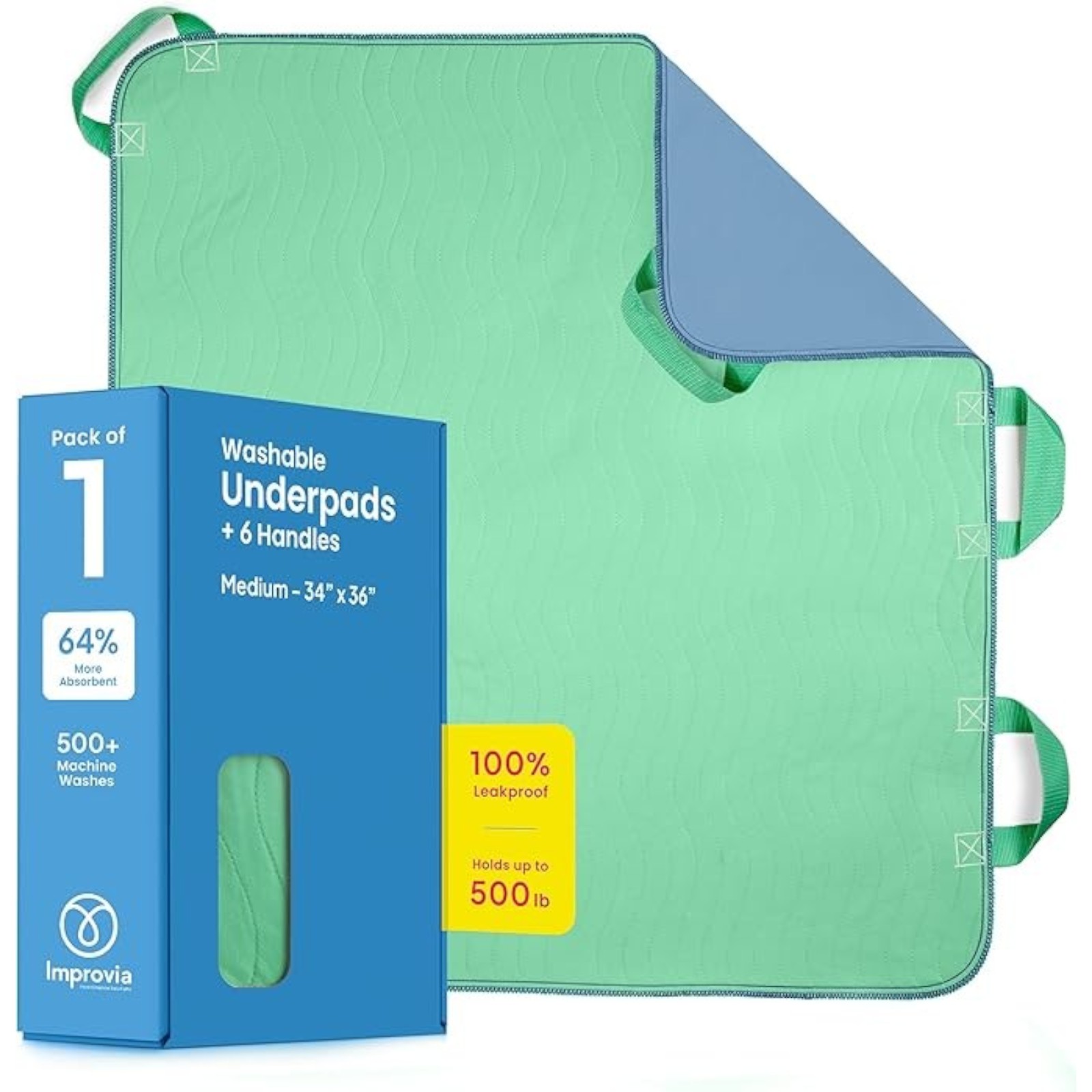 Improvia Positioning Bed Pad 34"x36" with 6 Reinforced Handles, Quick-Drying, Washable, Waterproof, Reusable, Mattress Protection, for Lifting, Turning, Transfer, Elderly and Incontinence Patients.