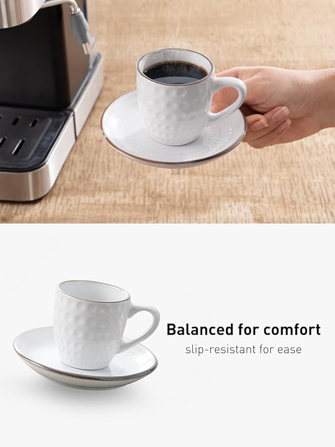 famiware Espresso Cups and Saucers Set of 4, 3 oz Ceramic Small Coffee Mug with Handle, Embossed Stoneware Demitasse Cup for Tea, Latte - Microwave & Dishwasher Safe - White Circle