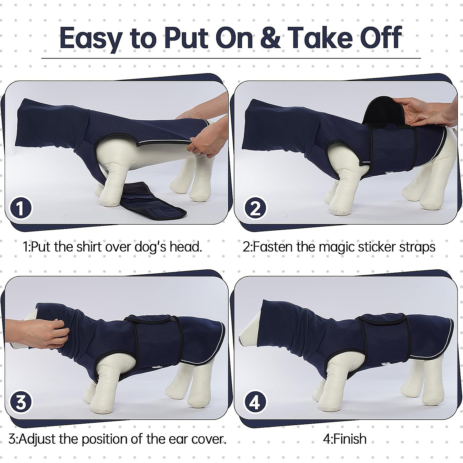 Lelepet XL Navy Blue Dog Shirt: Ear Cover for Anxiety, Calming Hood, Reflective Strips