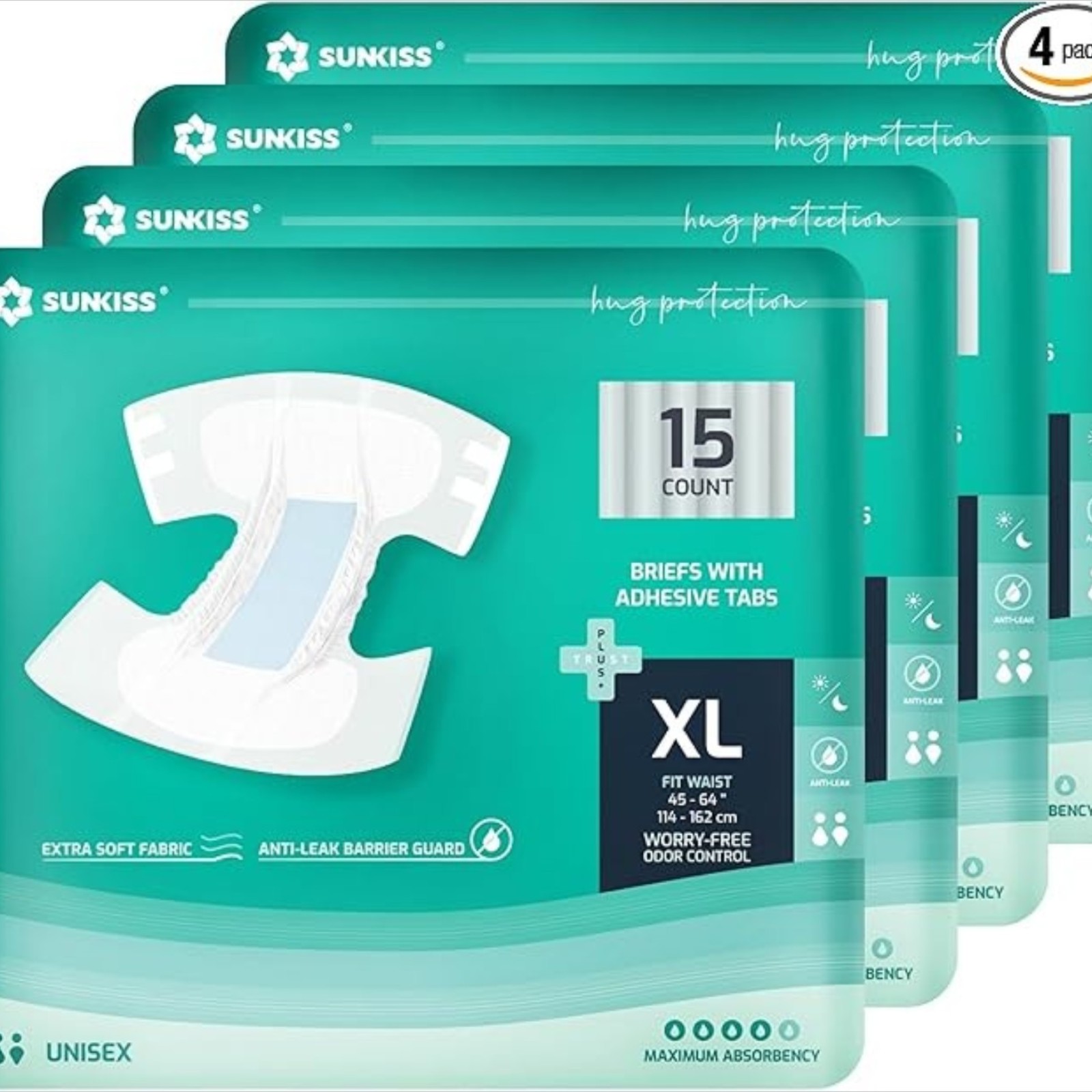 SUNKISS TrustPlus Adult Diapers with Maximum Absorbency, Unisex Disposable Incontinence Briefs with Tabs for Men and Women, Odor Control, XLarge, 60 Count (4 Packs of 15)