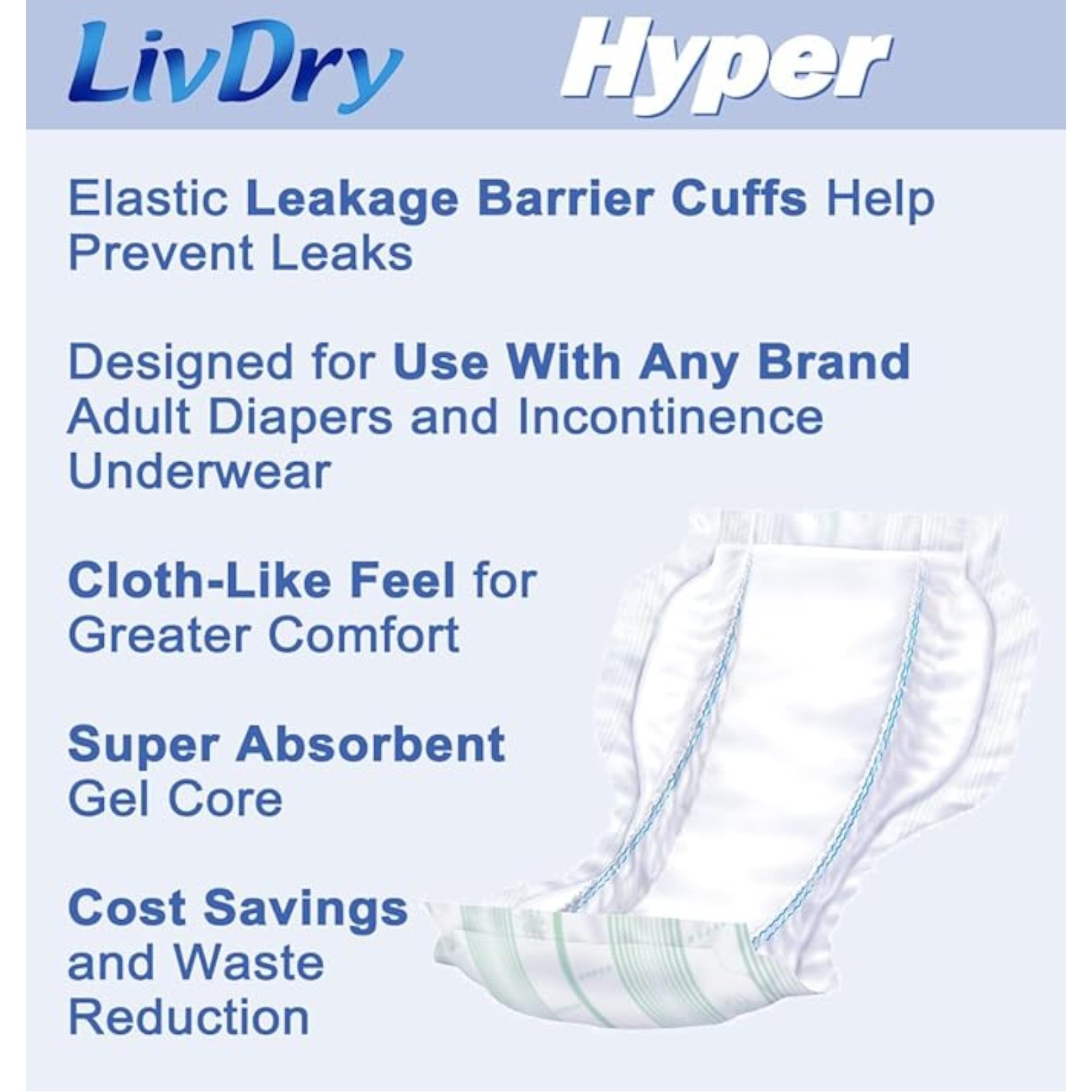 LivDry High Absorbency Pad Insert for Incontinence Briefs and Adult Diapers, Women and Men, Hyper 1600 (30 Count)