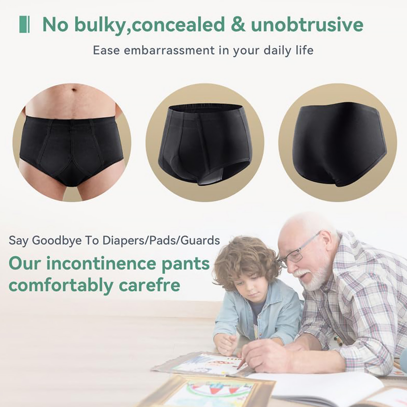 PADRAM Mens Incontinence Briefs 2 Pack - Washable, Front Absorbent (White, M) 