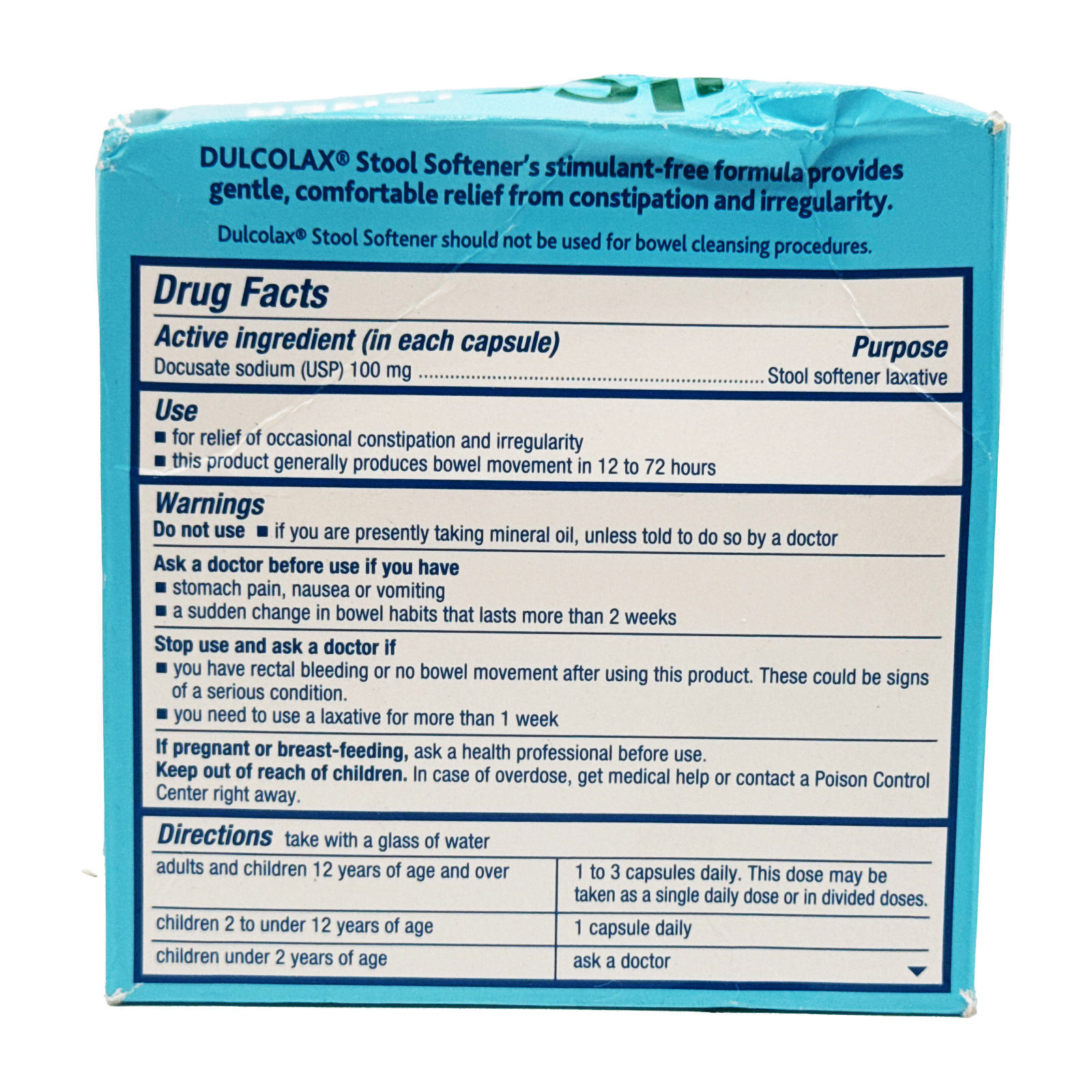 Dulcolax Stool Softener Laxative Liquid Gel Capsules, Docusate Sodium 100 mg, 100 Count