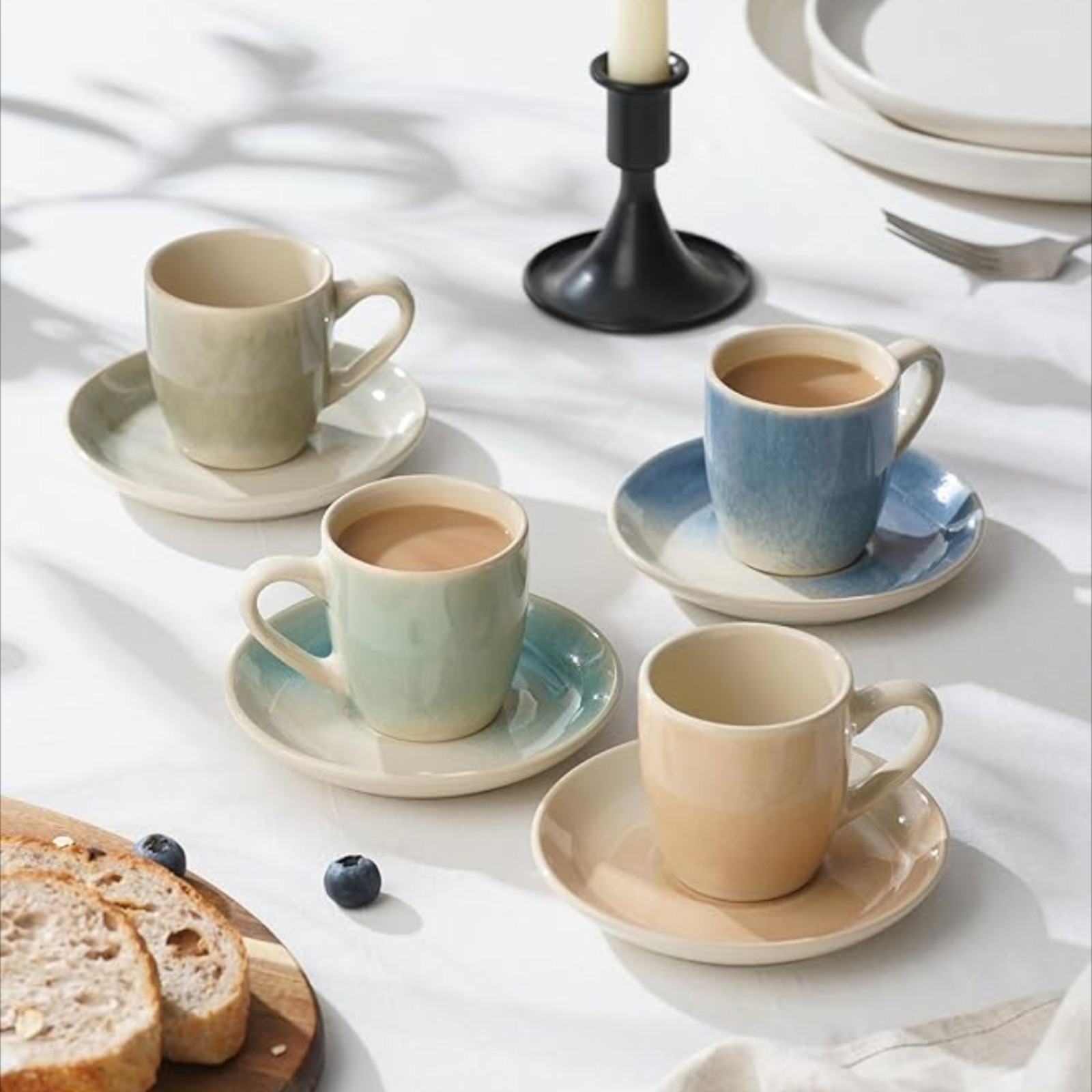 famiware Glacier Espresso Cups with Saucers Set of 4, 3oz Espresso Cup Set, Coffee Mug Set for Latte, Macchiato, Stoneware Demitasse Cups Set for Cafe, Microwave&Dishwasher Safe, Multi-color