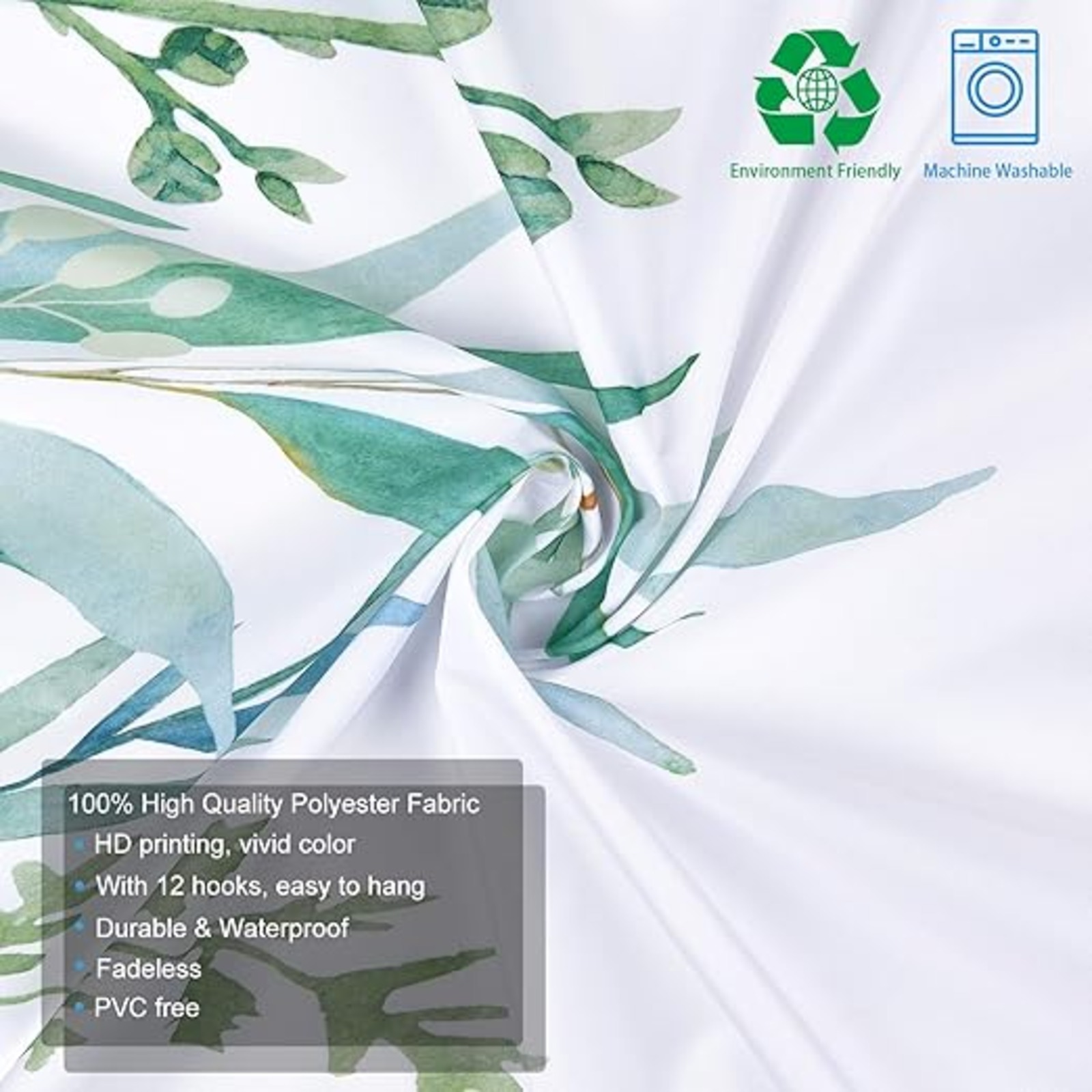 BLEUM CADE Botanical Shower Curtain Leaf Shower Curtain with 12 Hooks, Plant Floral Shower Curtain Nature Flower Shower Curtain for Bathroom