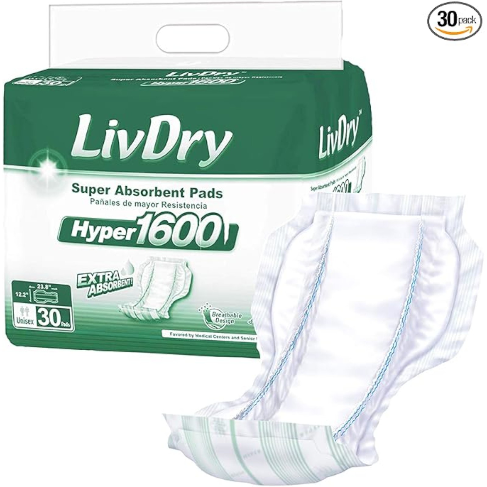 LivDry High Absorbency Pad Insert for Incontinence Briefs and Adult Diapers, Women and Men, Hyper 1600 (30 Count)