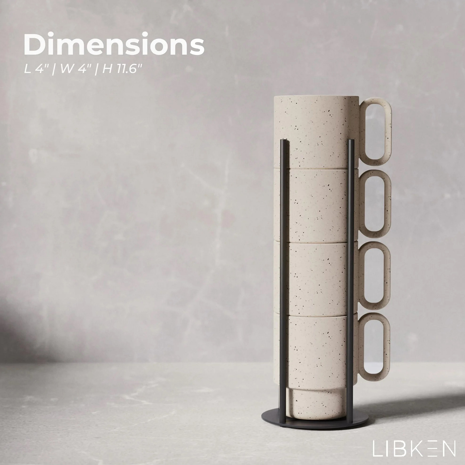 Stackable Coffee Mug Set with Black Stand - 4x10oz Ceramic Mugs with Unique Sprinkled Optics - Powder Coated Metal Rack - Dishwasher-Safe - Microwave & Oven - Scandinavian Minimal Design