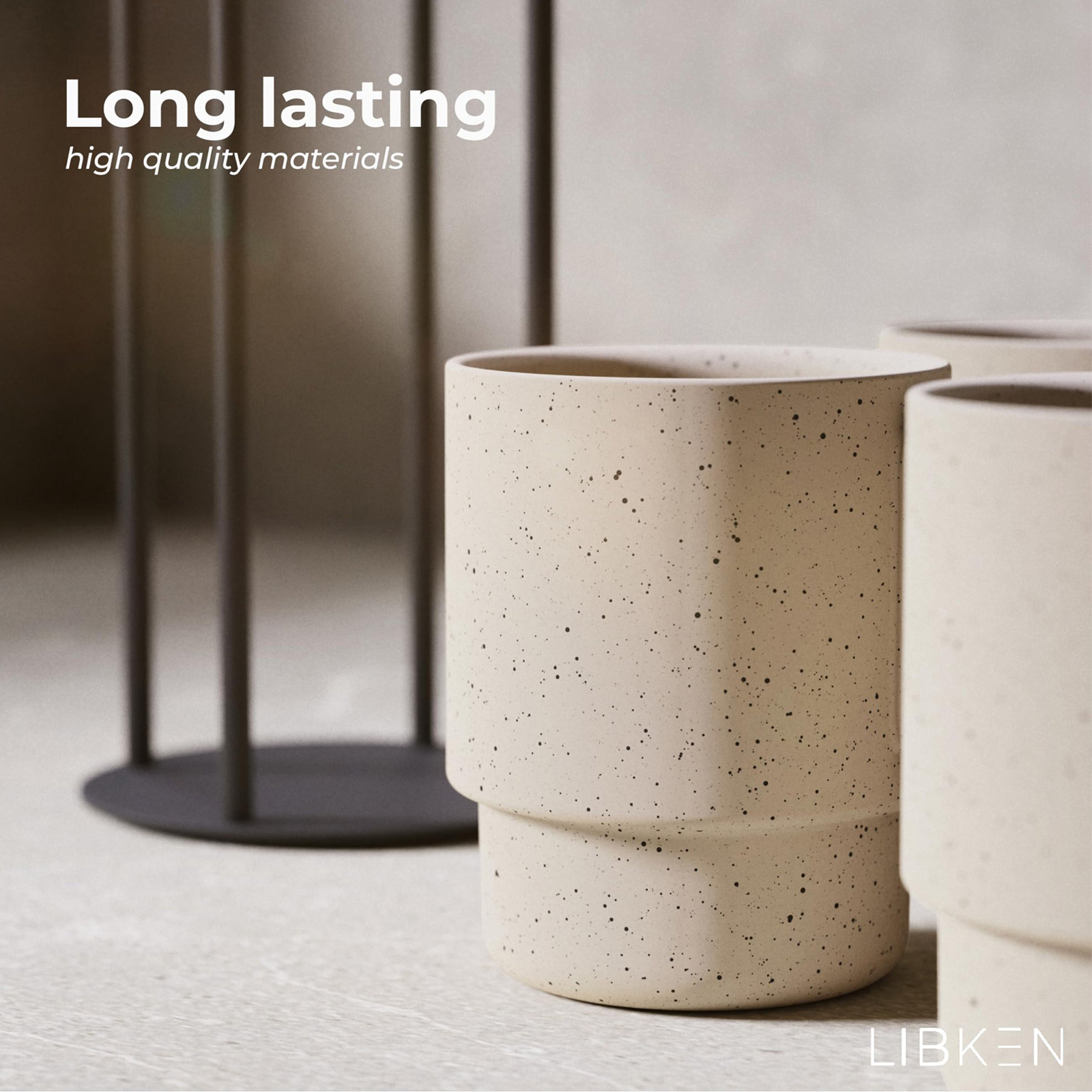 Stackable Coffee Mug Set with Black Stand - 4x10oz Ceramic Mugs with Unique Sprinkled Optics - Powder Coated Metal Rack - Dishwasher-Safe - Microwave & Oven - Scandinavian Minimal Design