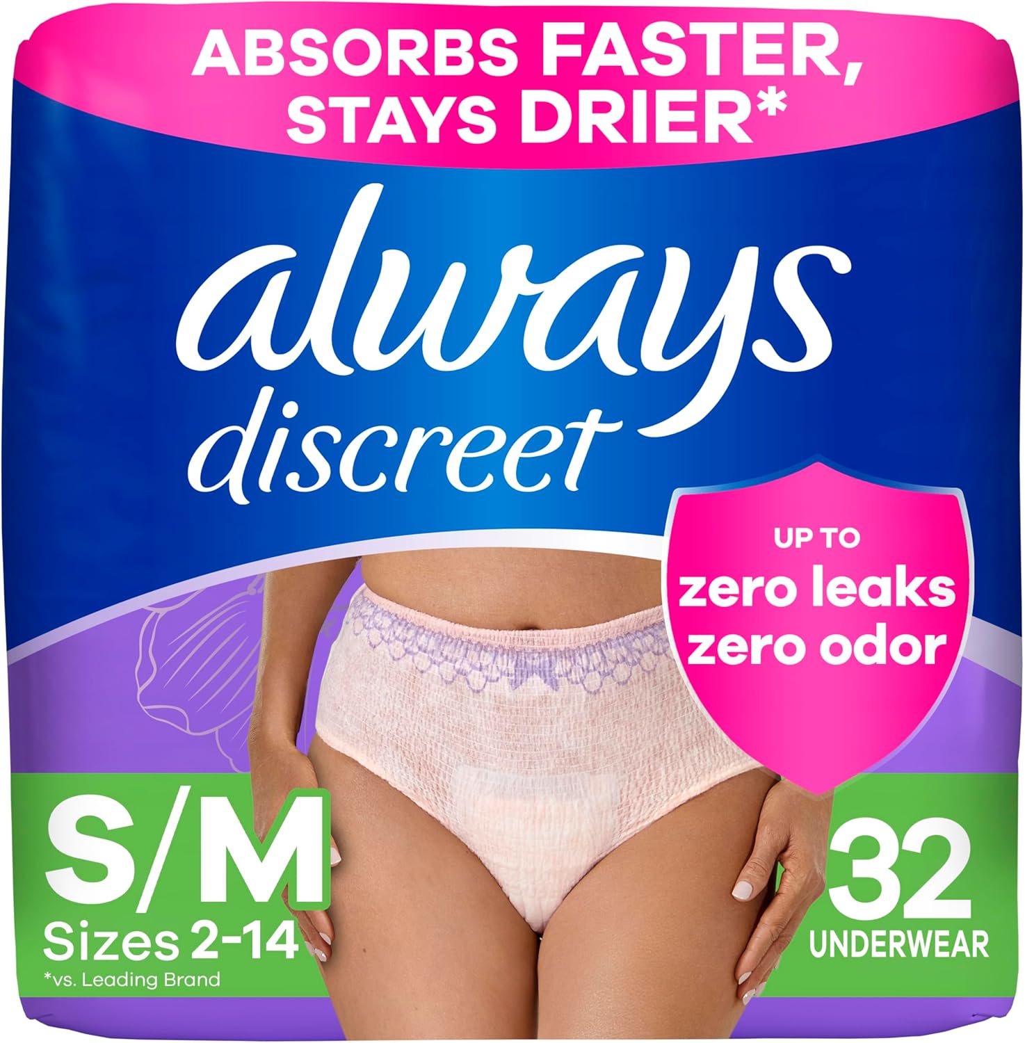 Always Discreet Incontinence & Postpartum Incontinence Underwear for Women, Small/Medium, Maximum Protection, 32 Count