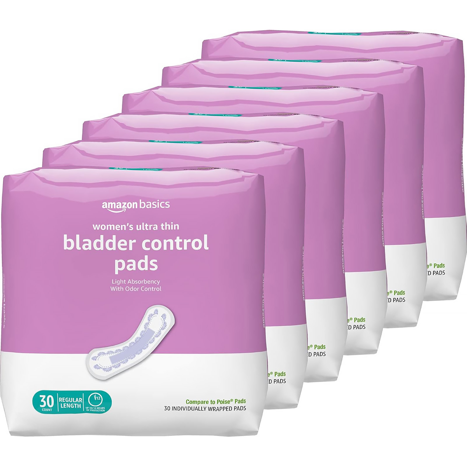 Amazon Basics Women's Incontinence Pads, Bladder Control & Postpartum, Light Absorbency, Unscented, 180 Count , (6 Packs of 30)
