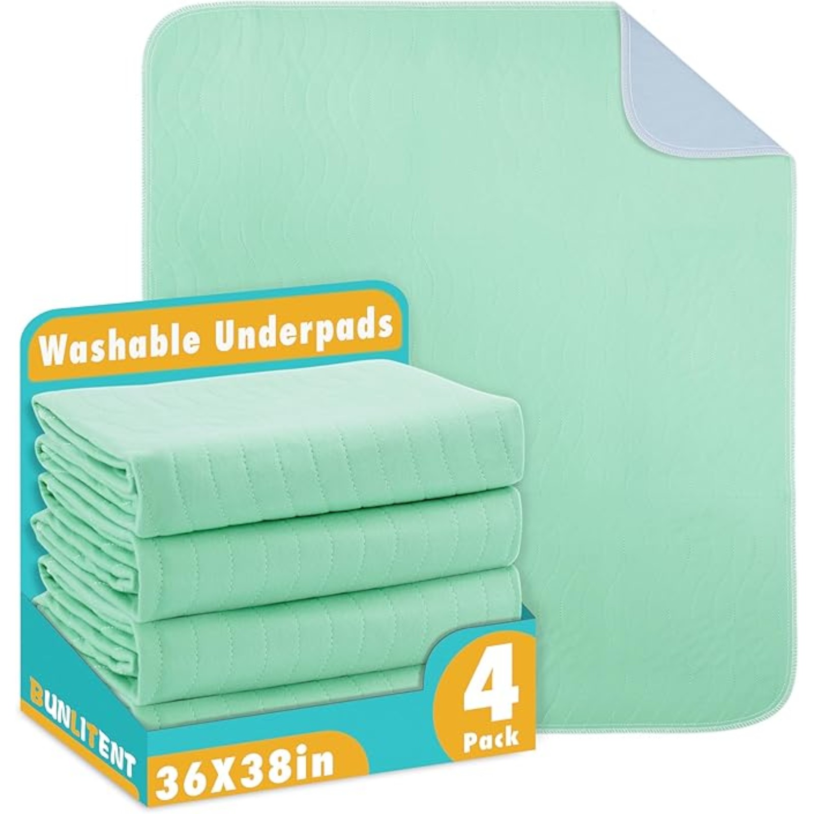 Bunlitent Washable Underpads, 36" x 38", 4 Pack - Heavy Absorbency Reusable Bedwetting Incontinence Pads for Kids, Adults, Elderly, and Pets - Waterproof Protective Pad for Bed, Couch, Sofa, Floor