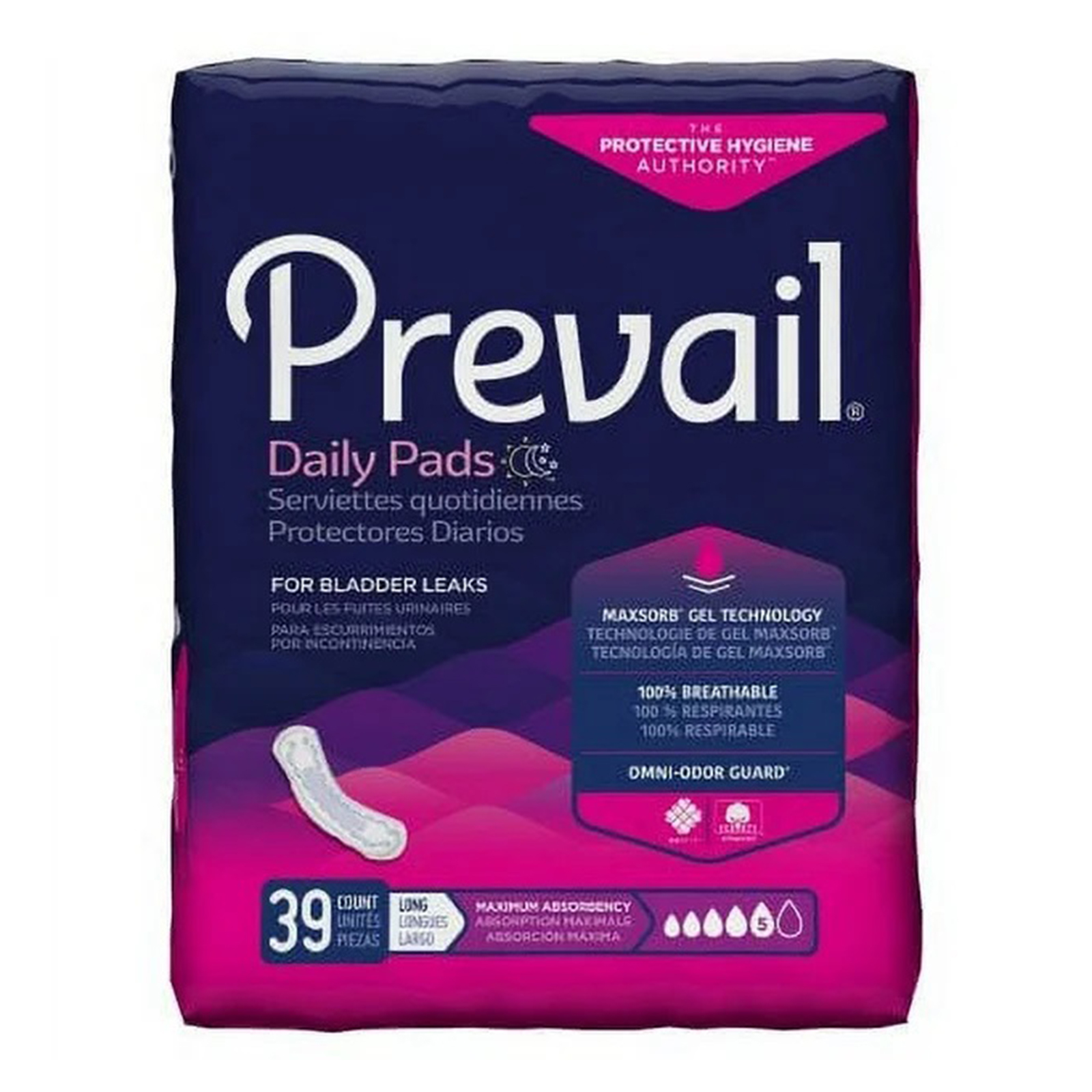 Prevail Incontinence Bladder Control Pads for Women, Maximum Absorbency, Long Length, 39 count