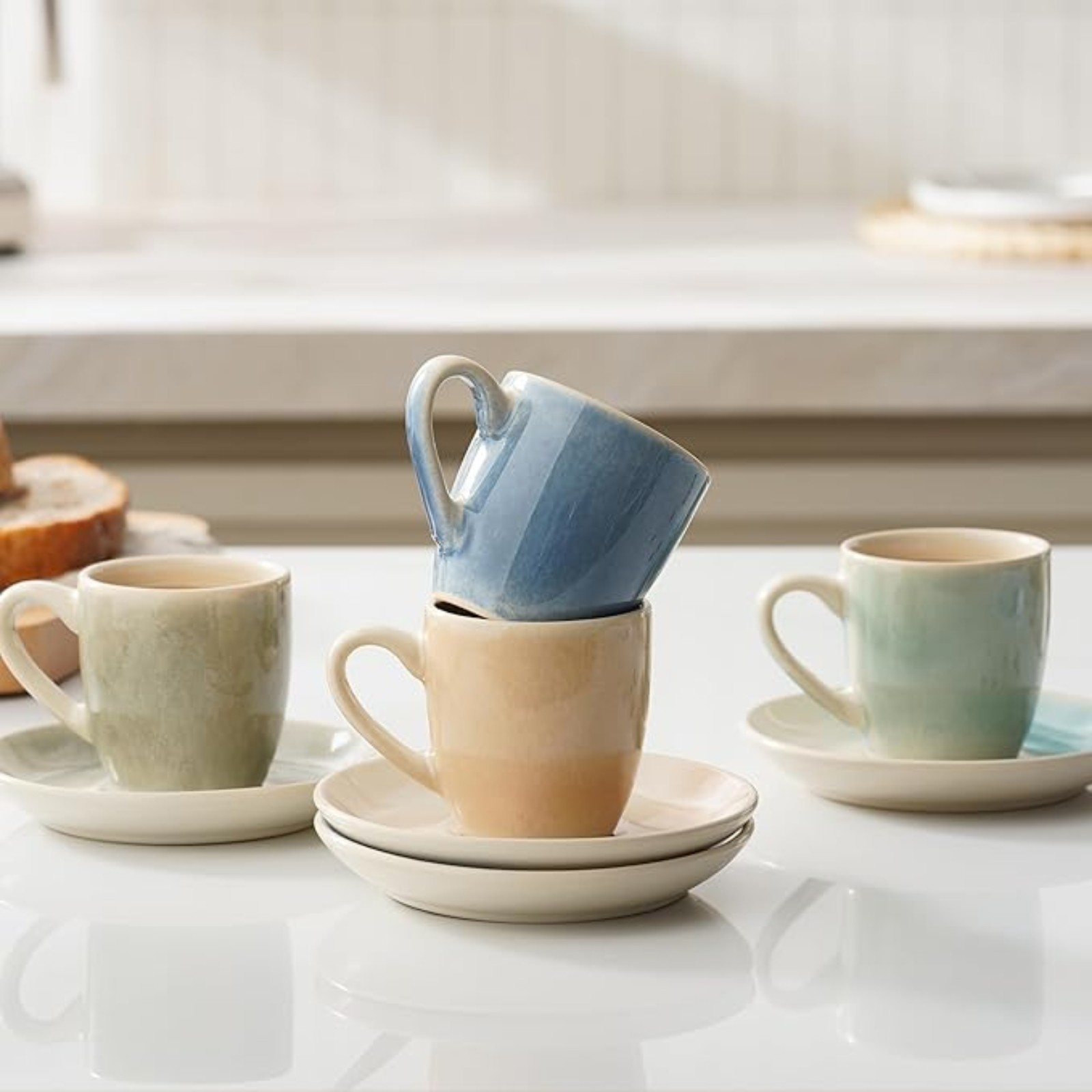 famiware Glacier Espresso Cups with Saucers Set of 4, 3oz Espresso Cup Set, Coffee Mug Set for Latte, Macchiato, Stoneware Demitasse Cups Set for Cafe, Microwave&Dishwasher Safe, Multi-color
