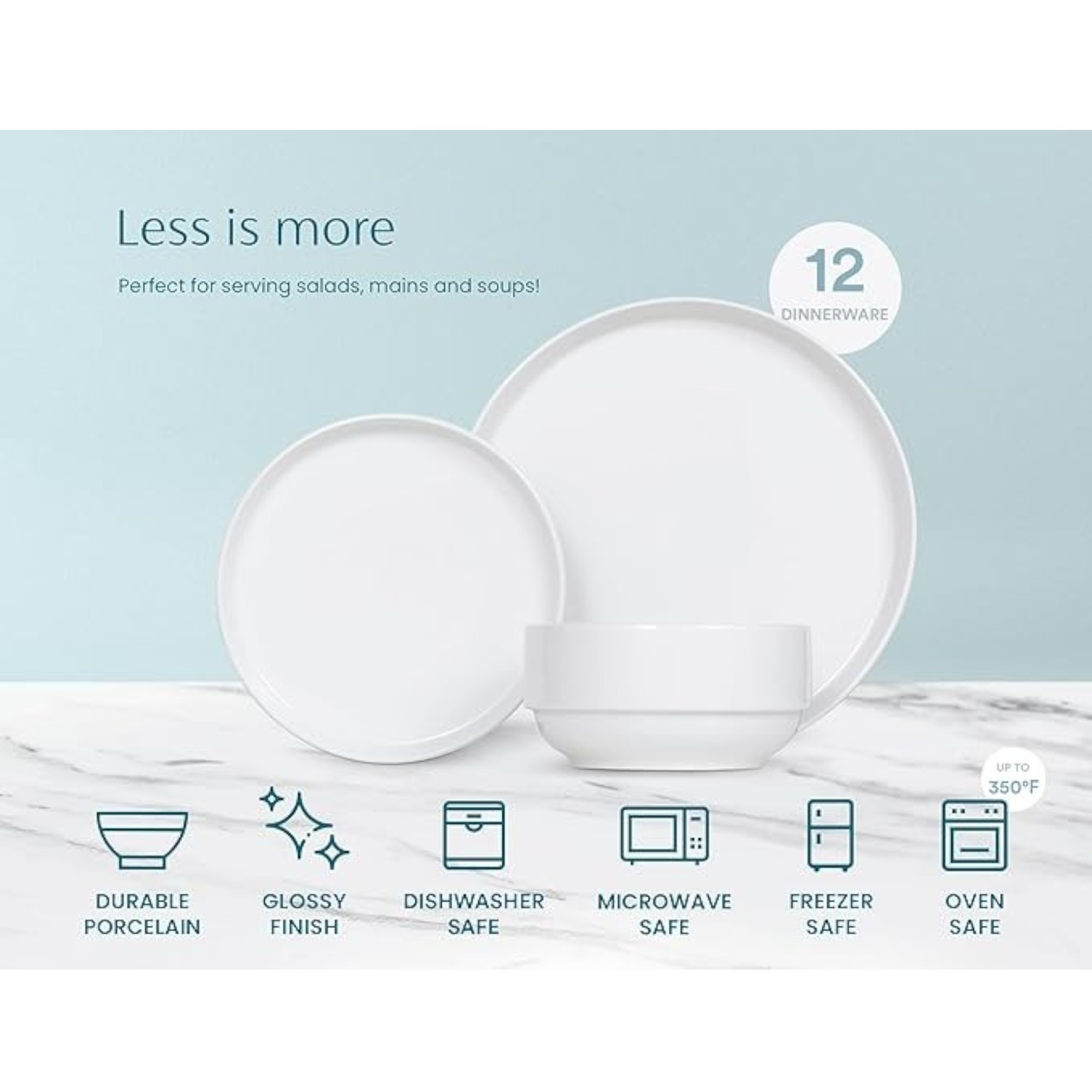 Ceramic Dinnerware Set, 12-Piece Service for 4, Soup Bowls (31.5 oz), Salad Plates (7.5"), Dinner Plates (10.5"), Round, Microwave and Dishwasher Safe, White, Cambridge Classics