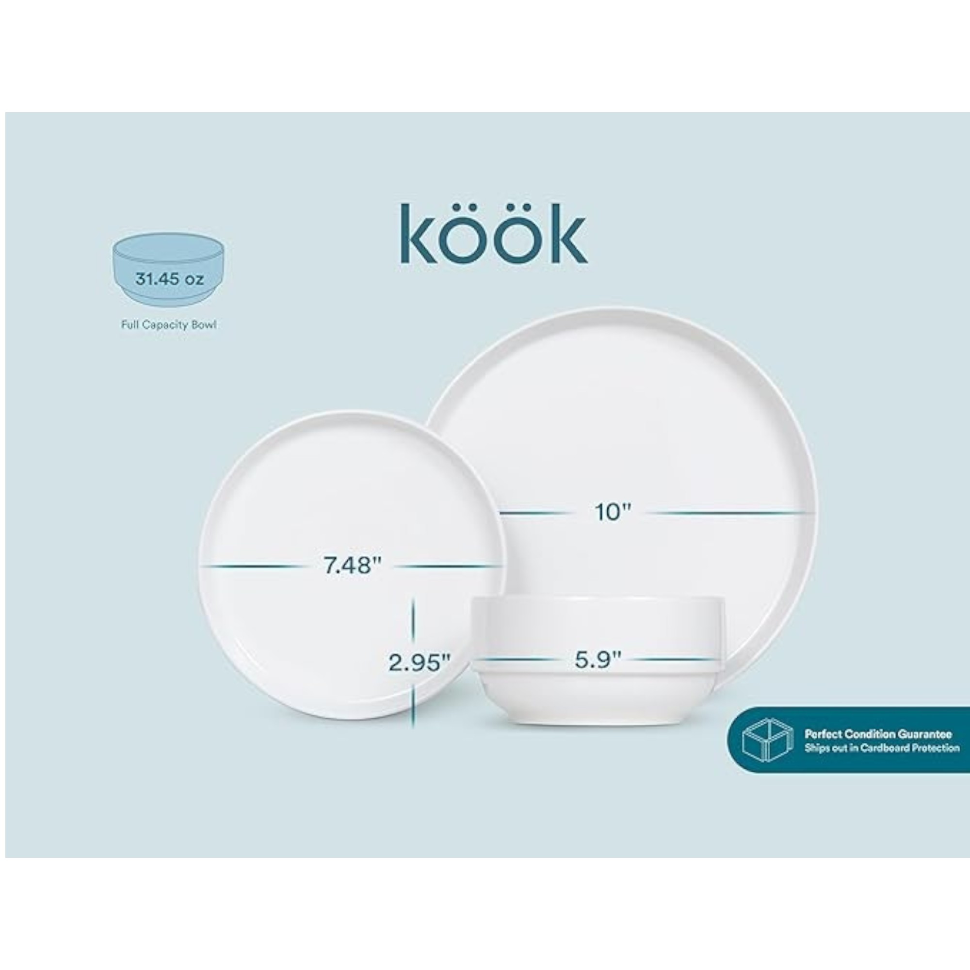 Ceramic Dinnerware Set, 12-Piece Service for 4, Soup Bowls (31.5 oz), Salad Plates (7.5"), Dinner Plates (10.5"), Round, Microwave and Dishwasher Safe, White, Cambridge Classics