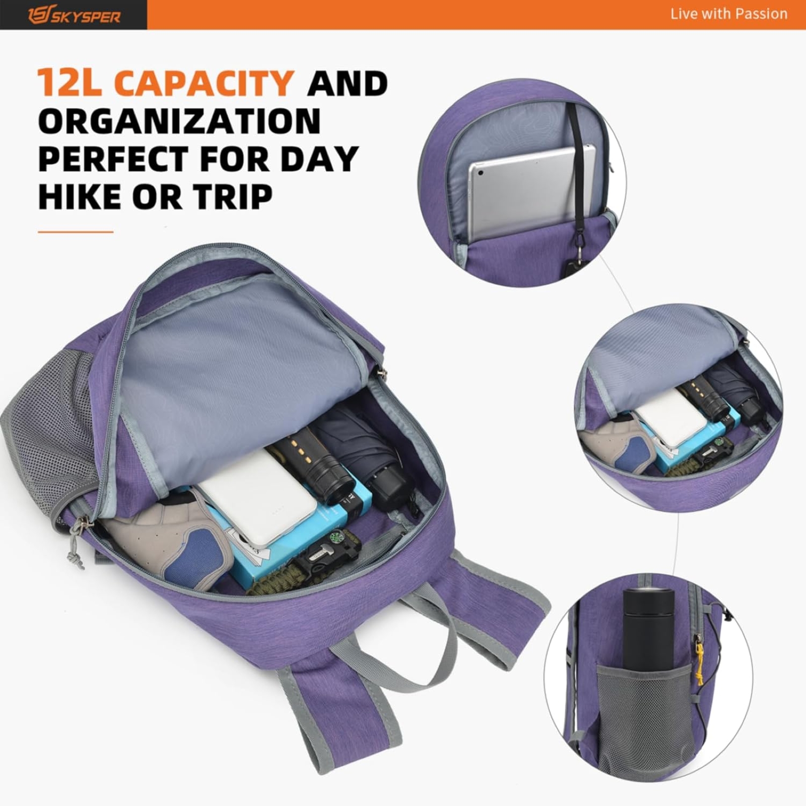 SKYSPER Small Hiking Backpack -12L Lightweight Packable Daypack for Travel Foldable Tear Resistant Backpacks for Women Men, Purple