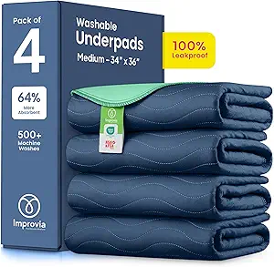 IMPROVIA® Washable Underpads 34" x 36" Pack of 4 Heavy Absorbency Reusable Bedwetting Incontinence Pads for Adults, Kids, & Pets - Waterproof Protective Pad for Bed, Couch, Sofa, Floor (Navy & Green)