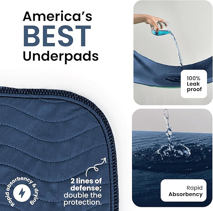 IMPROVIA® Washable Underpads 34" x 36" Pack of 4 Heavy Absorbency Reusable Bedwetting Incontinence Pads for Adults, Kids, & Pets - Waterproof Protective Pad for Bed, Couch, Sofa, Floor (Navy & Green)