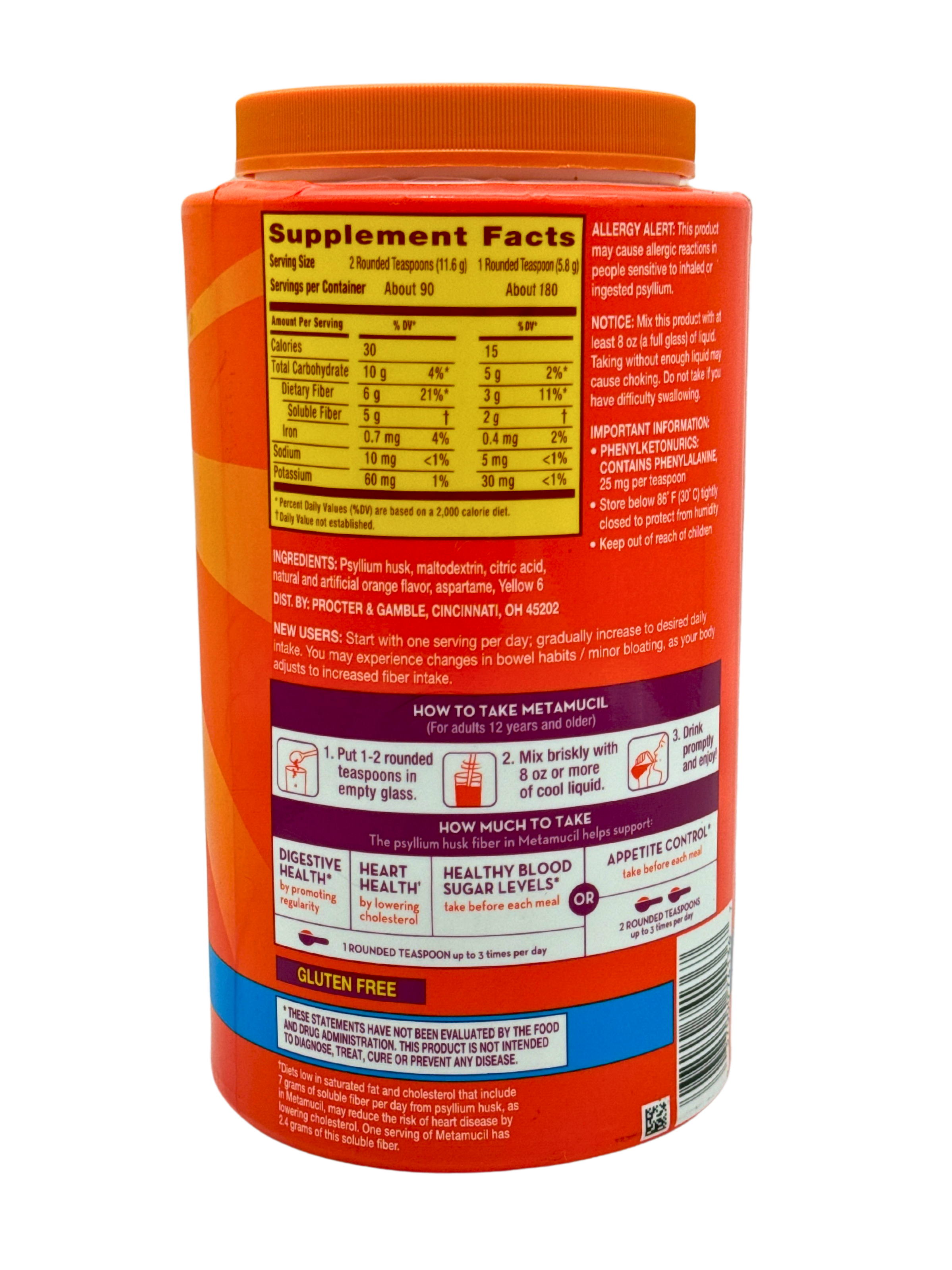 Metamucil Psyllium Husk Powder, Orange Flavor, Sugar-Free, 180 Teaspoons