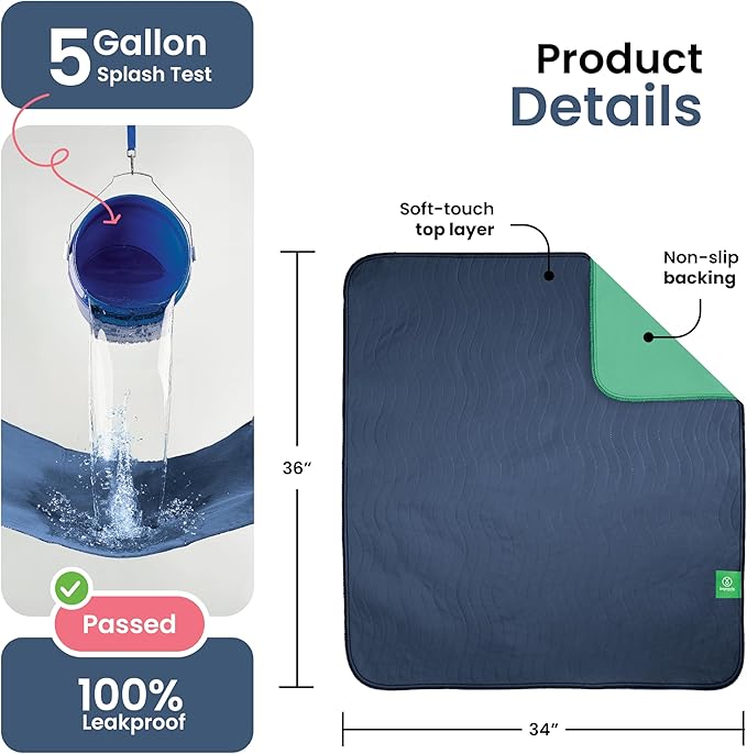 IMPROVIA® Washable Underpads 34" x 36" Pack of 4 Heavy Absorbency Reusable Bedwetting Incontinence Pads for Adults, Kids, & Pets - Waterproof Protective Pad for Bed, Couch, Sofa, Floor (Navy & Green)