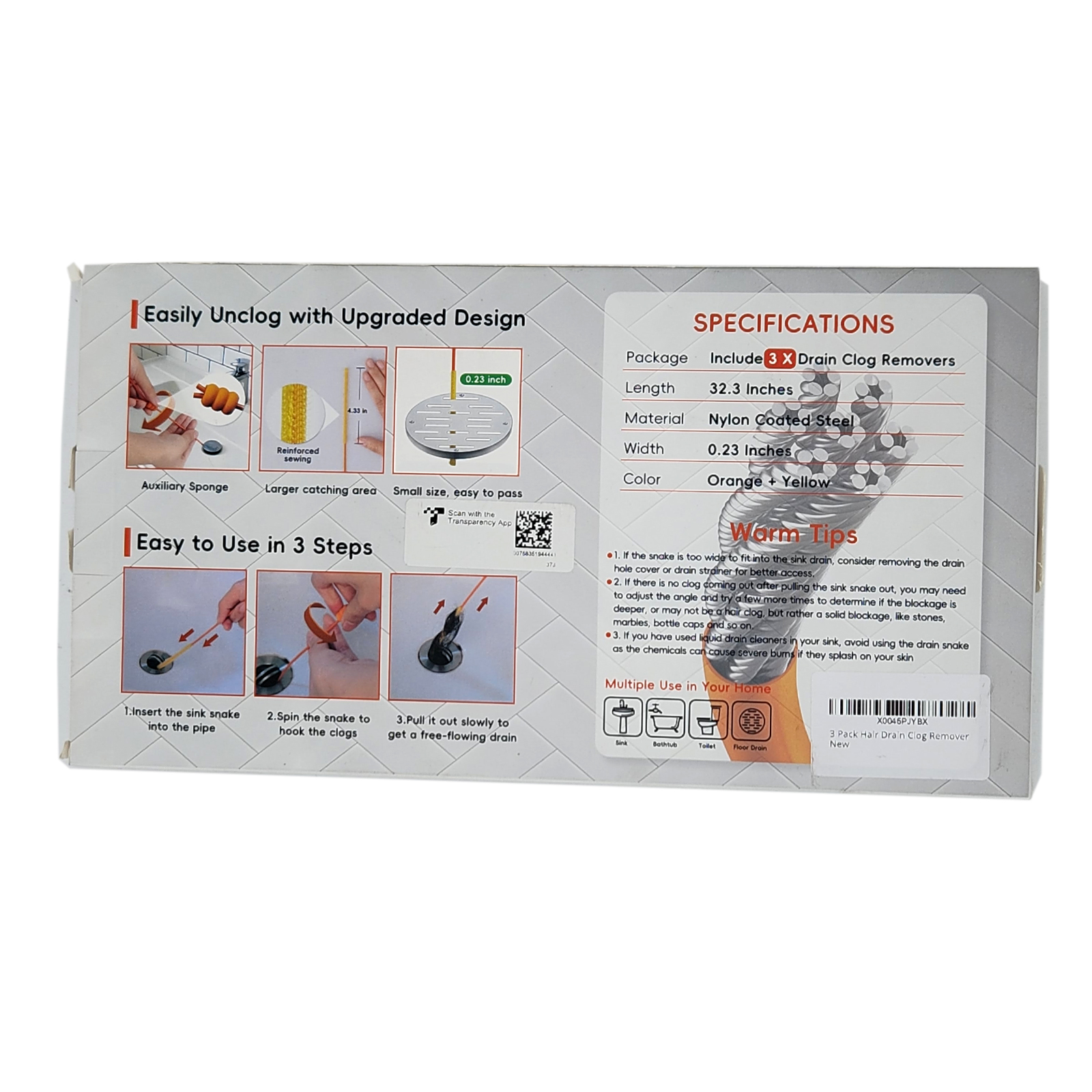 Trapmate Metal Hair Drain Clog Remover 32.3 inches (3 Pack)