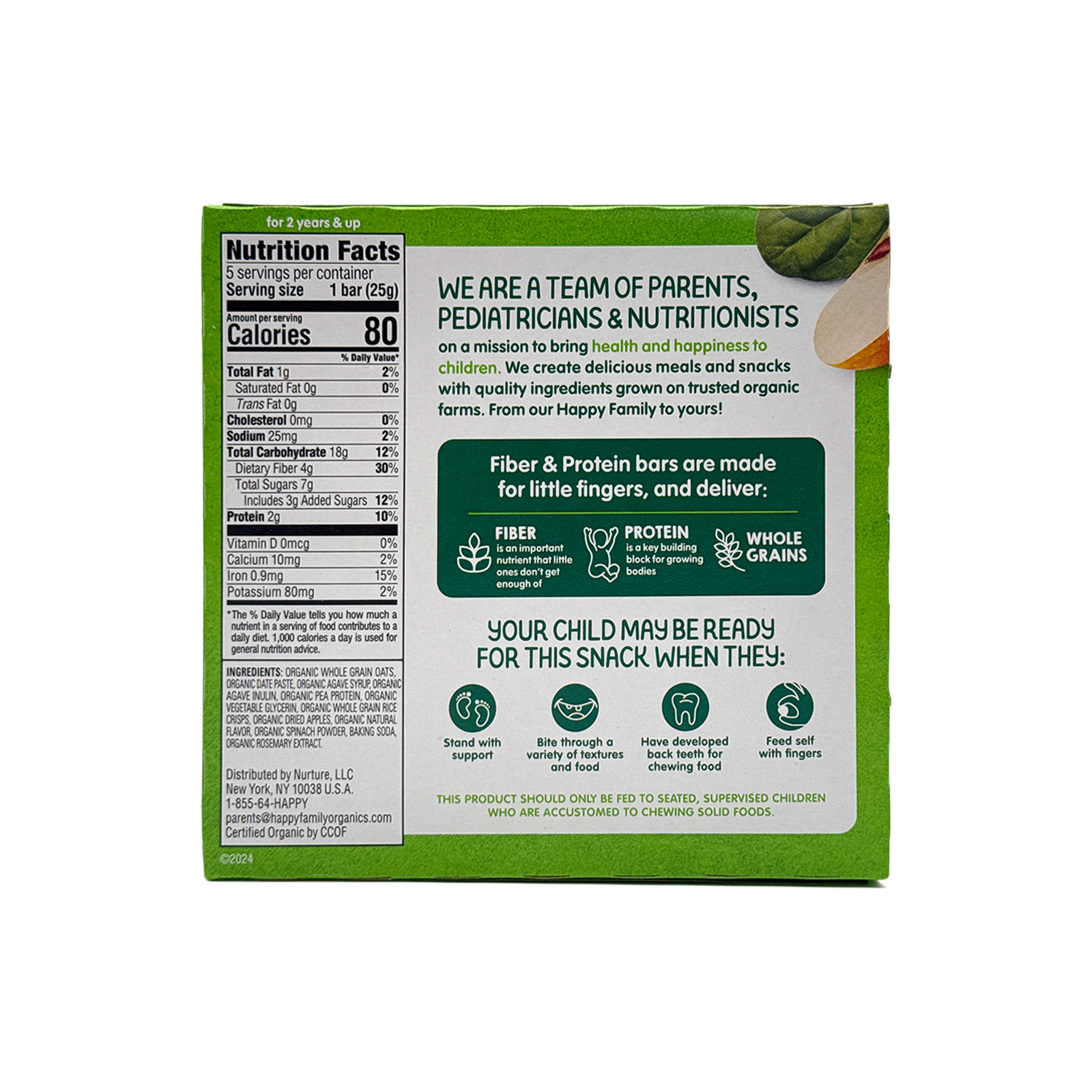 Happy Tot Fiber & Protein Soft-Baked Oat Bars, Apple & Spinach 5 Count (6 Pack)
