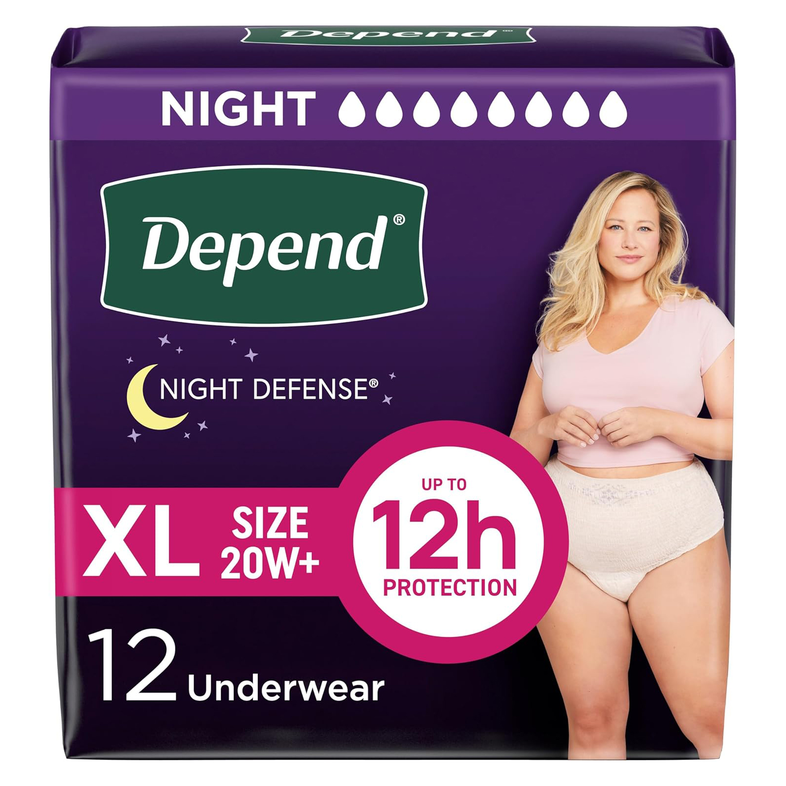 Depend Night Defense Adult Incontinence & Postpartum Bladder Leak Underwear for Women, Disposable, Overnight, Extra-Large, Blush, 12 Count, Packaging May Vary
