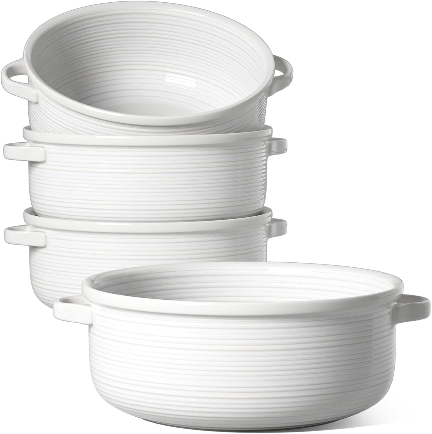 LE TAUCI Soup Bowls with Handles, Ceramic French Onion Soup Bowls 22 Ounces for Soup, Cereal, Chilli, Beef Stew, Stackable Serving Bowls Set, Oven Microwave Dishwasher Safe, Set of 4, White