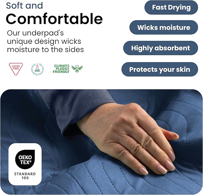 IMPROVIA® Washable Underpads 34" x 36" Pack of 4 Heavy Absorbency Reusable Bedwetting Incontinence Pads for Adults, Kids, & Pets - Waterproof Protective Pad for Bed, Couch, Sofa, Floor (Navy & Green)