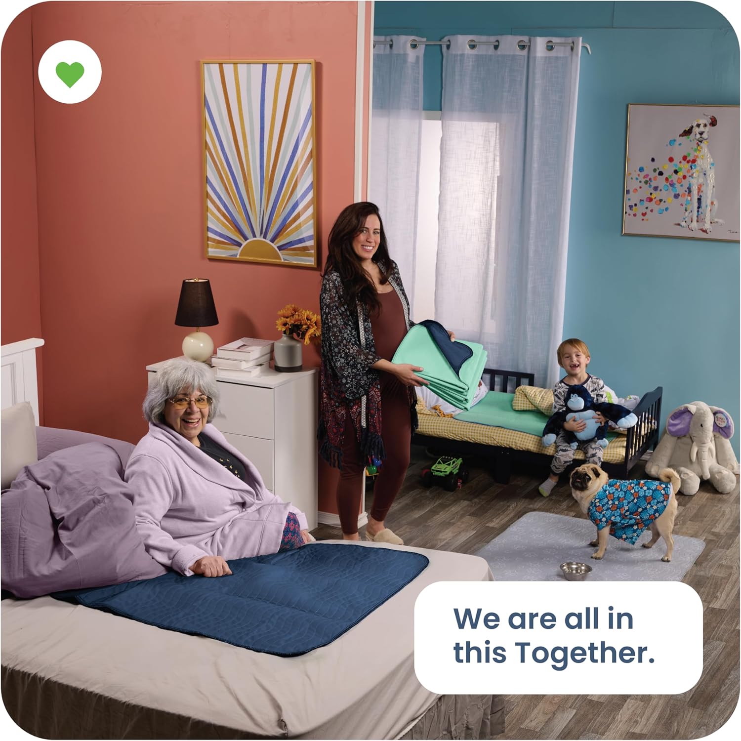 IMPROVIA® Washable Underpads 34" x 36" Pack of 4 Heavy Absorbency Reusable Bedwetting Incontinence Pads for Adults, Kids, & Pets - Waterproof Protective Pad for Bed, Couch, Sofa, Floor (Navy & Green)