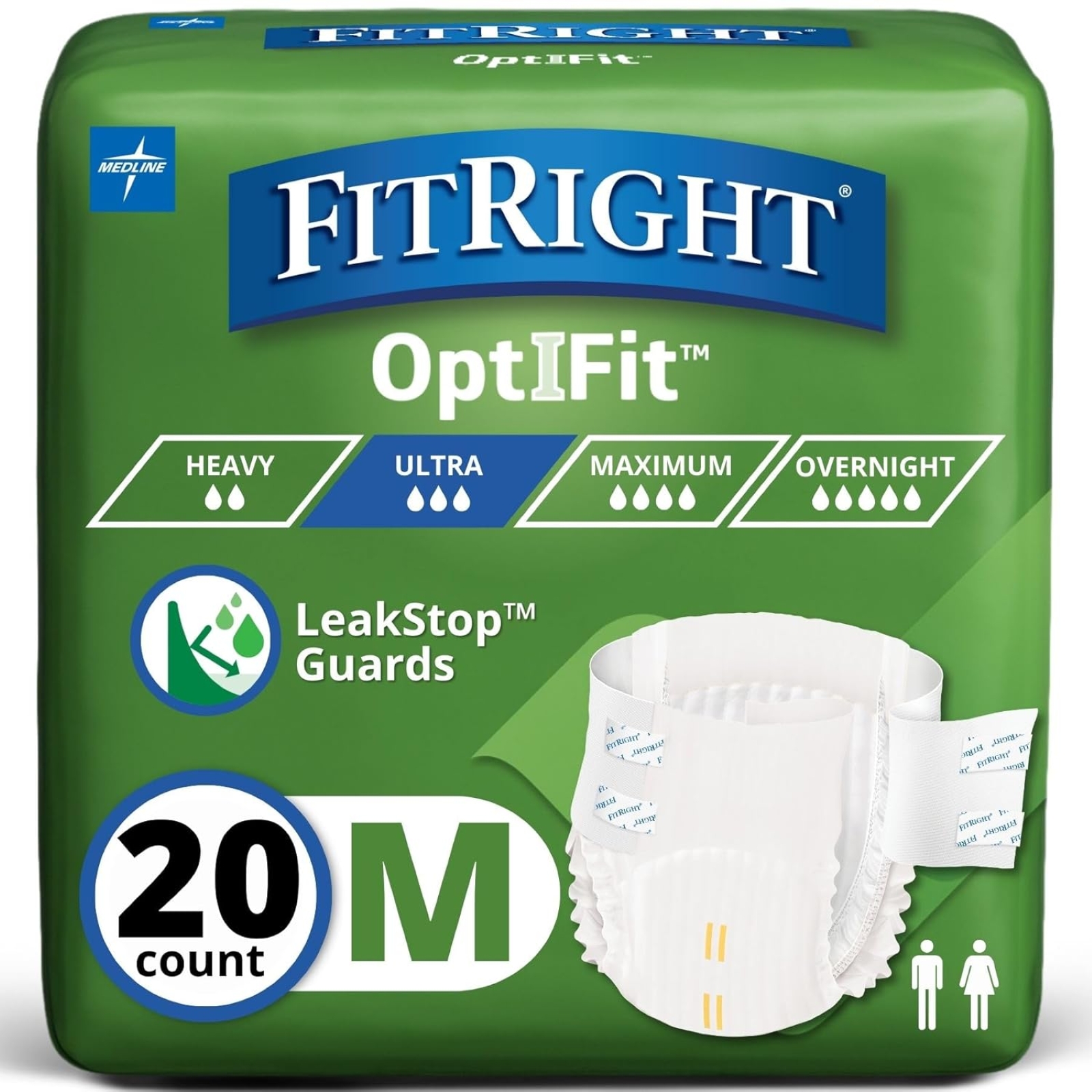 FitRight Ultra Absorbency Adult Diapers, FSA/HSA Eligible, 20 Count, Waist Size 32"-44", M, Incontinence Briefs for Men and Women, Disposable, Moisture Wicking, Leak Protection