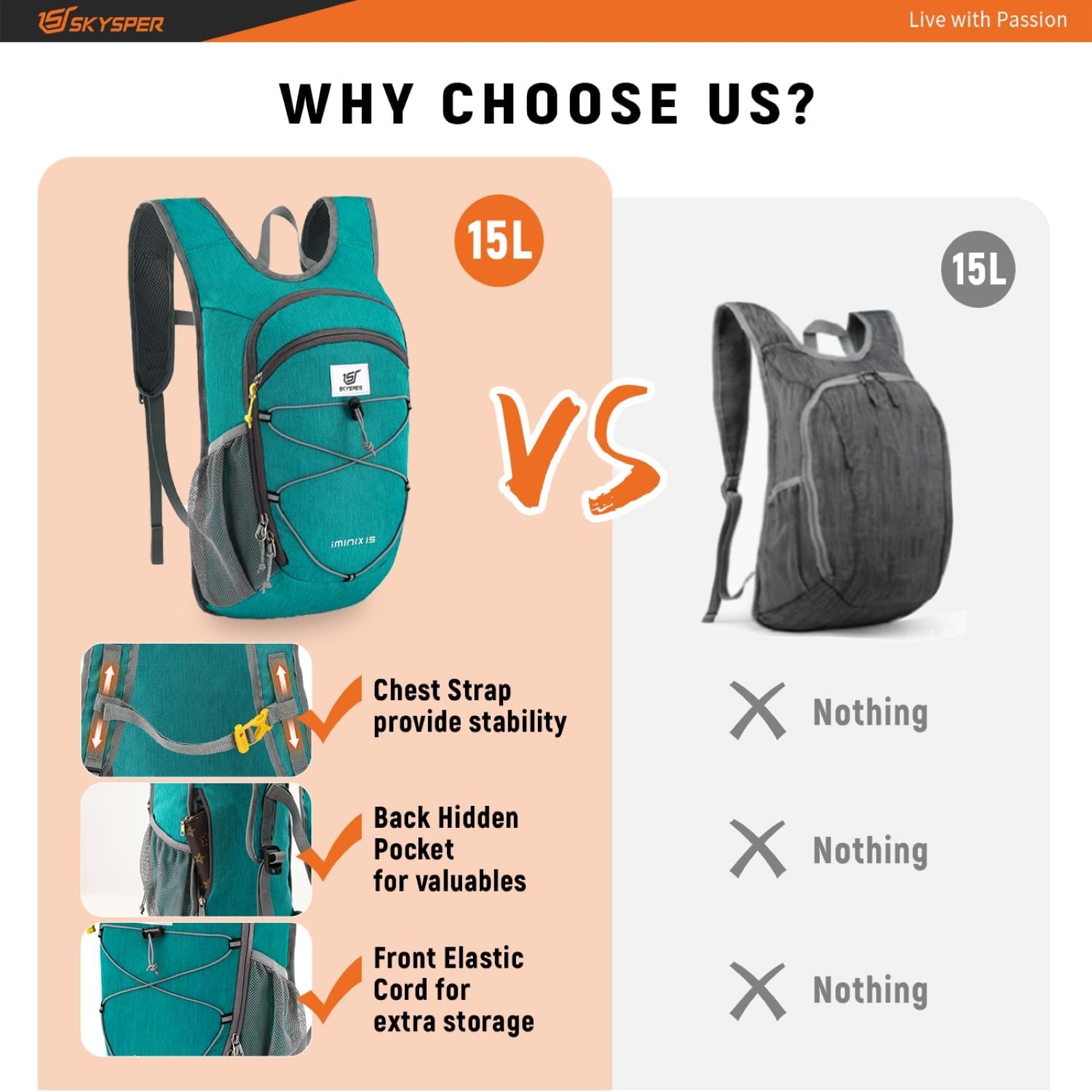 SKYSPER 15L Foldable Hiking Backpack Lightweight Packable Travel Daypack with Chest Strap Small Folding Pack for Walking