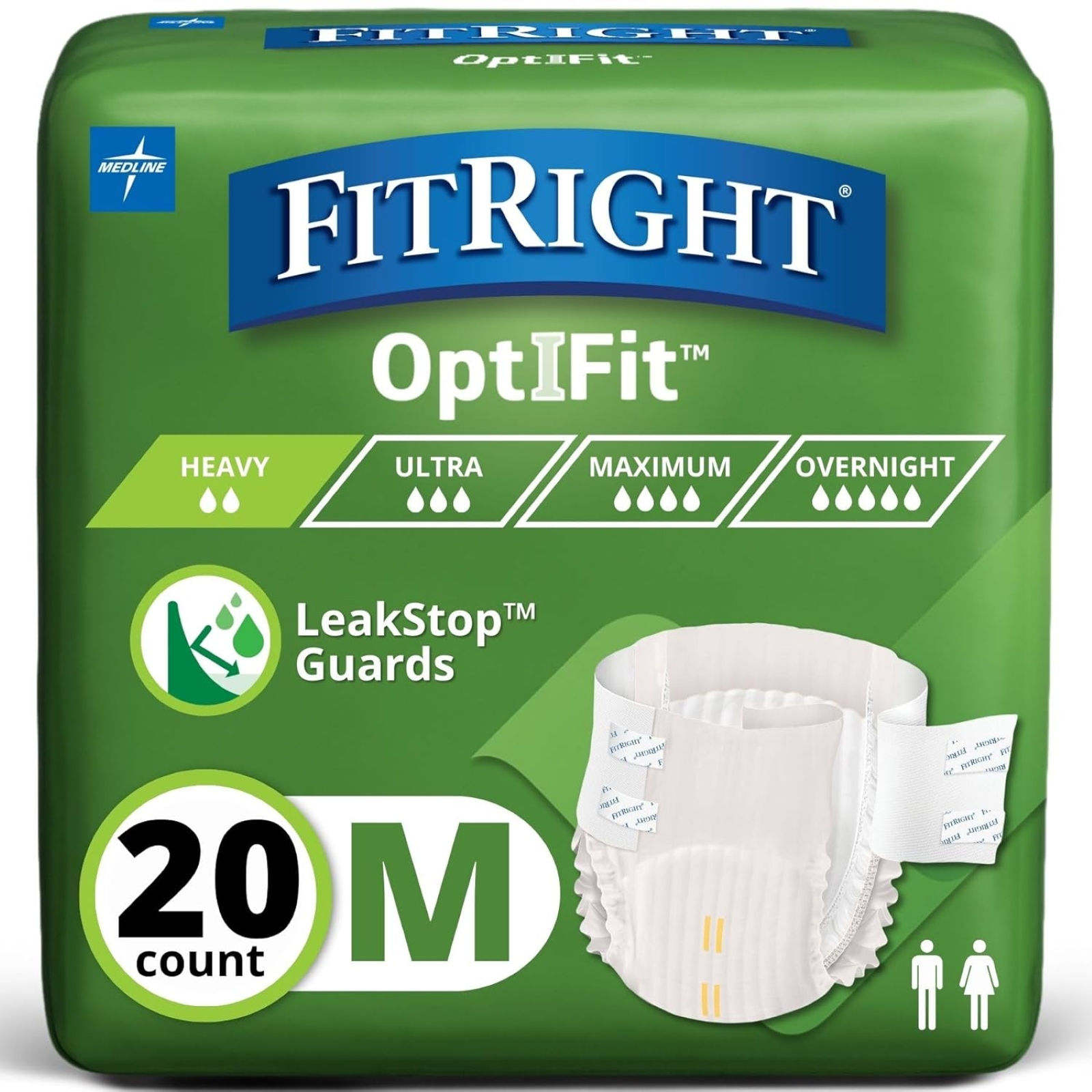 Extra+ OptiFit Heavy Absorbency Adult Diapers, FSA/HSA Eligible,20 Count, Waist Size 32"-44" ,M , Incontinence Briefs for Men and Women, Disposable, Moisture Wicking, Leak Protection