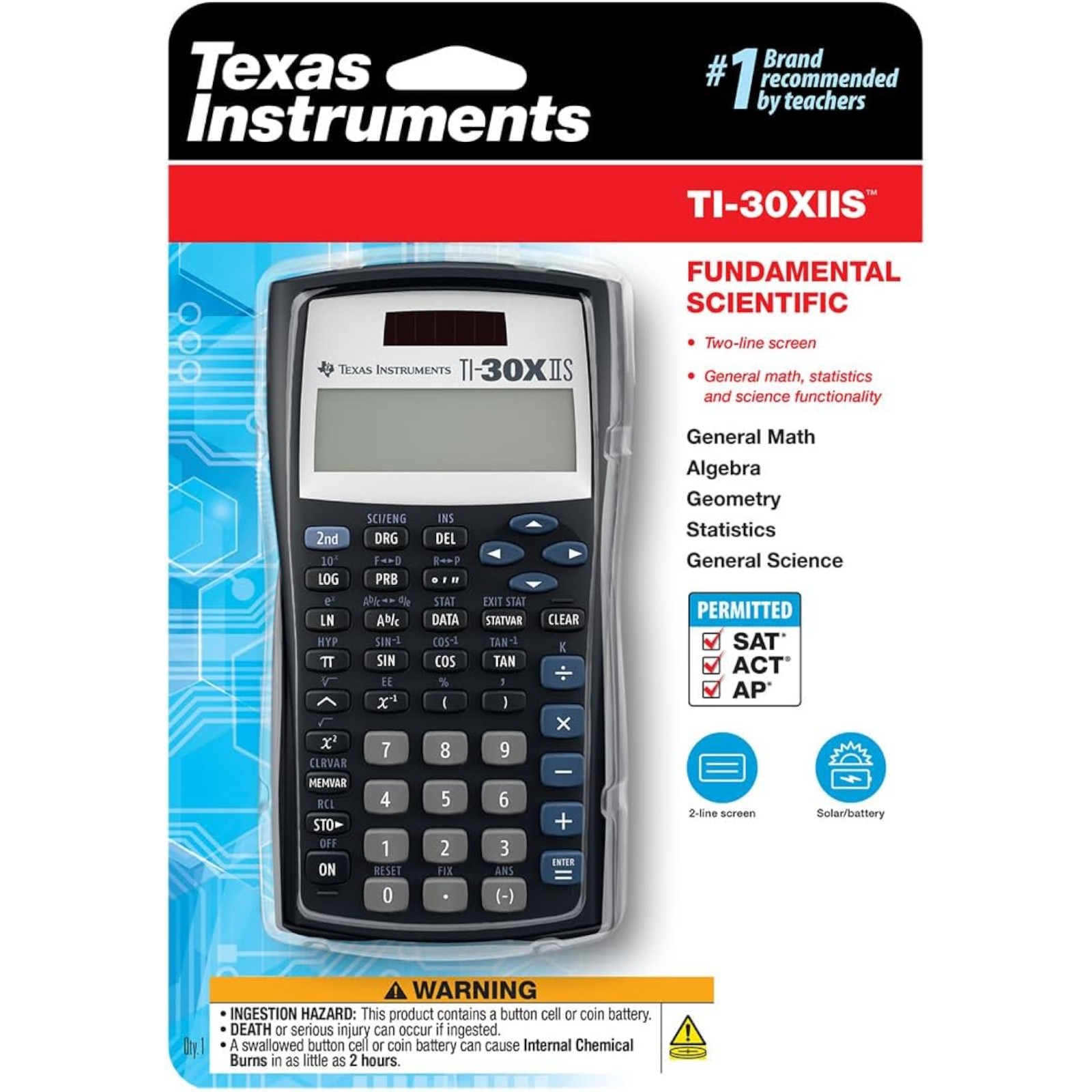 Texas Instruments TI-30XIIS Scientific Calculator, Black with Blue Accents