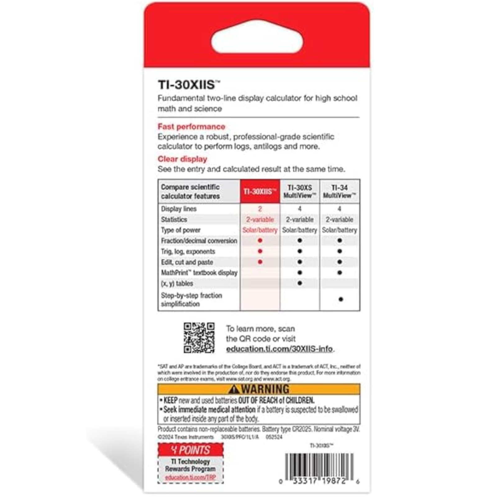 Texas Instruments TI-30XIIS Scientific Calculator, Black with Blue Accents