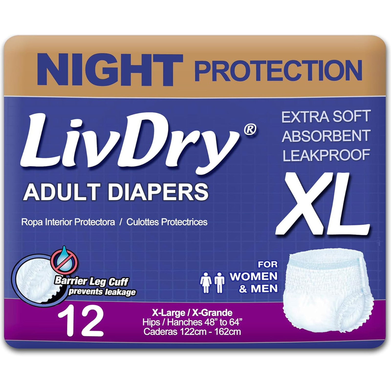 LivDry XL Overnight Adult Diapers - Unisex, Incontinence Underwear, 12-Pack