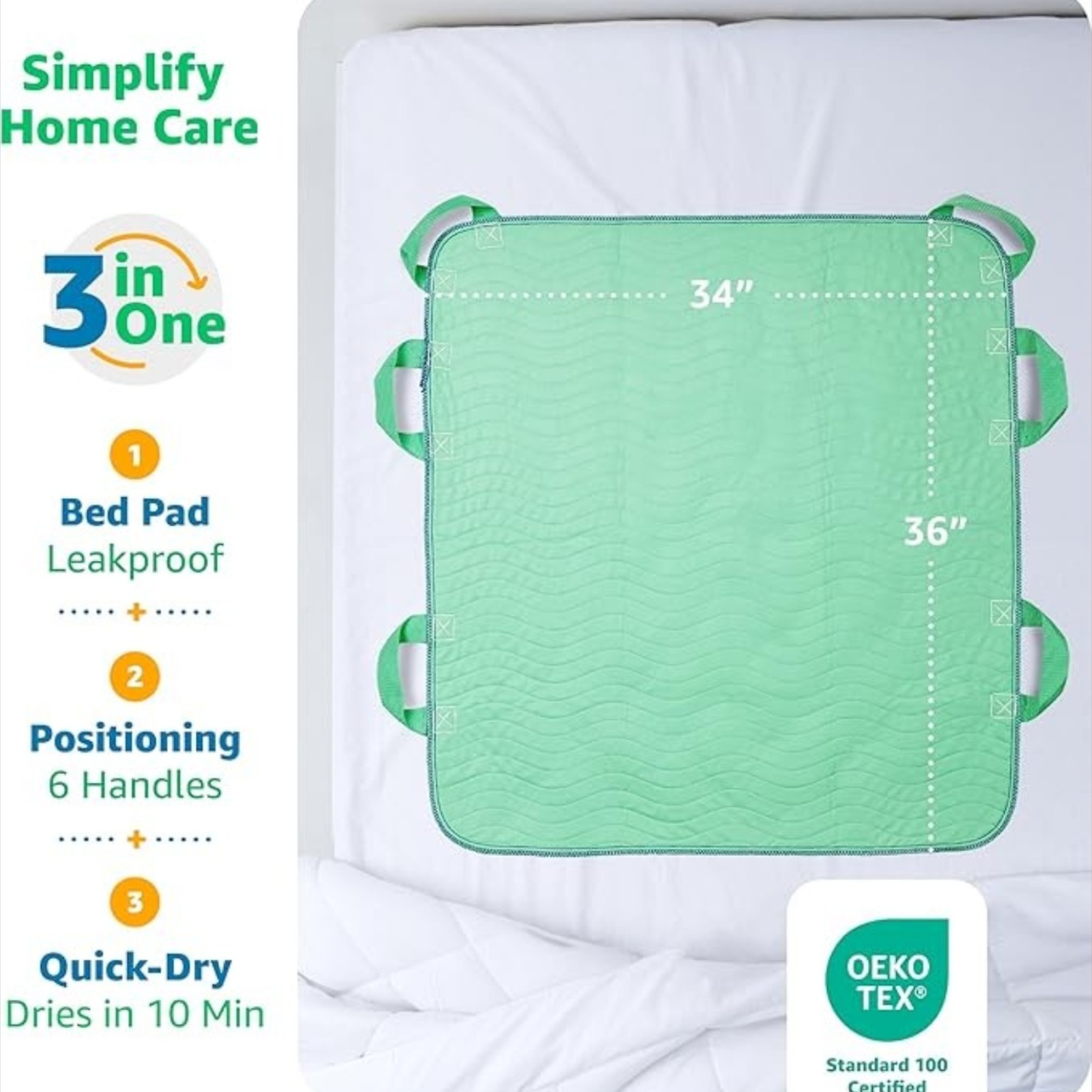 Improvia Positioning Bed Pad 34"x36" with 6 Reinforced Handles, Quick-Drying, Washable, Waterproof, Reusable, Mattress Protection, for Lifting, Turning, Transfer, Elderly and Incontinence Patients.
