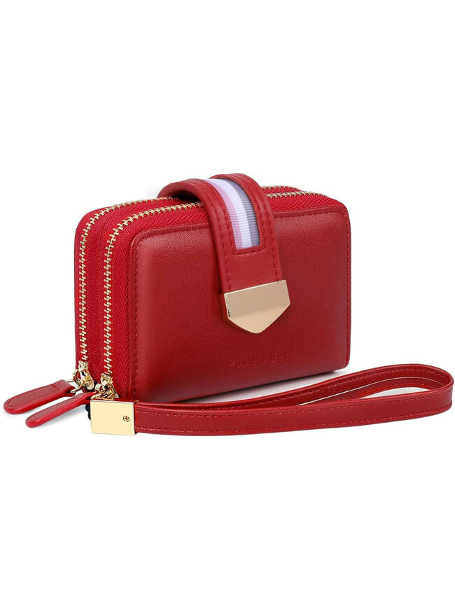 Pomelo Best Red RFID Ladies Wallet: Double Zipper Card Case for 24 Cards & Coins