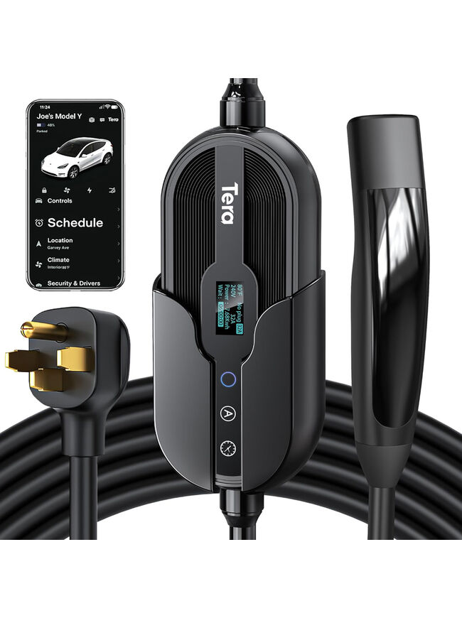 Tera Electric Vehicle Charger for Tesla: Level 2 32A 240V for NACS All Models 3 Y S X NEMA 14-50 Plug Portable & Wall Connector Dual Use Wi-Fi Enabled 25FT Cable P01_NACS Black