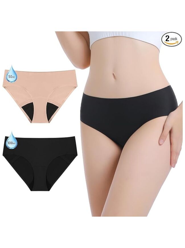 Carer Period Underwear for Women Heavy Flow Womens Leak Proof Menstrual Underwear 50-100ml Absorbent Period Panties Reusable Washable Incontinence Briefs, 2pk-L (Black/Beige)