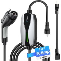SEGUMA Level 1/2 EV Charger, 16Amp Electric Car Charger Portable EV Charger 25FT Cable with NEMA 6-20 Plug and NEMA 5-15 Adapter, Home Mobile EV Charging Station for J1772 BEVs/PHEVs 110V-240V(Silver)