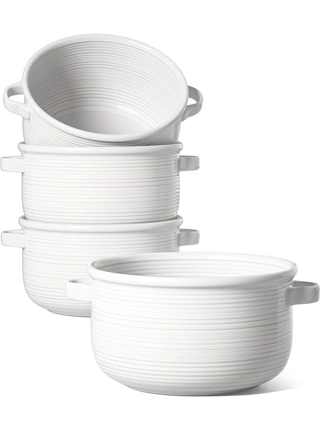 LE TAUCI Soup Bowls with Handles, Ceramic French Onion Soup Bowls 28 Ounces for Soup, Cereal, Chilli, Beef Stew, Stackable Serving Bowls Set, Oven Microwave Dishwasher Safe, Set of 4, White