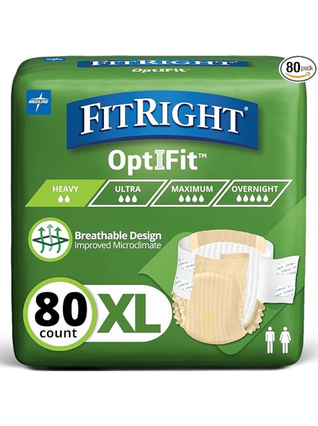 FitRight Adult Diapers, Extra Heavy Absorbency, XL (Waist Size 56in-64in), 80 Count, OptiFit Incontinence Briefs for Men and Women, Disposable, Moisture Wicking, Leak Protection
