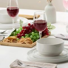 Ceramic Dinnerware Set, 12-Piece Service for 4, Soup Bowls (31.5 oz), Salad Plates (7.5"), Dinner Plates (10.5"), Round, Microwave and Dishwasher Safe, White, Cambridge Classics