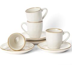 famiware Ocean Espresso Cups with Saucers Set of 4, 3.34oz Espresso Cup Set, Coffee Mug Set for Latte, Macchiato, Stoneware Demitasse Cups Set for Cafe, Microwave&Dishwasher Safe, Vanilla White