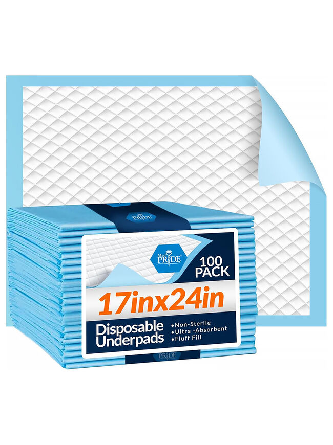 Medpride Disposable Underpads 17'' x 24'' (100-Count) Incontinence Pads, Bed Covers, Puppy Training | Thick, Super Absorbent Protection for Kids, Adults, Elderly | Liquid, Urine, Accidents